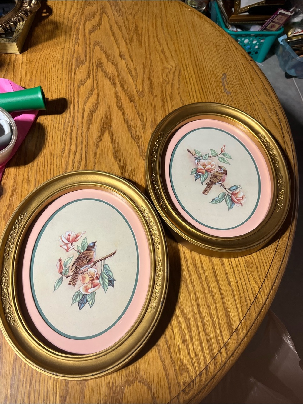 Home Interiors Gold Framed Pink & Green Bird Floral Prints